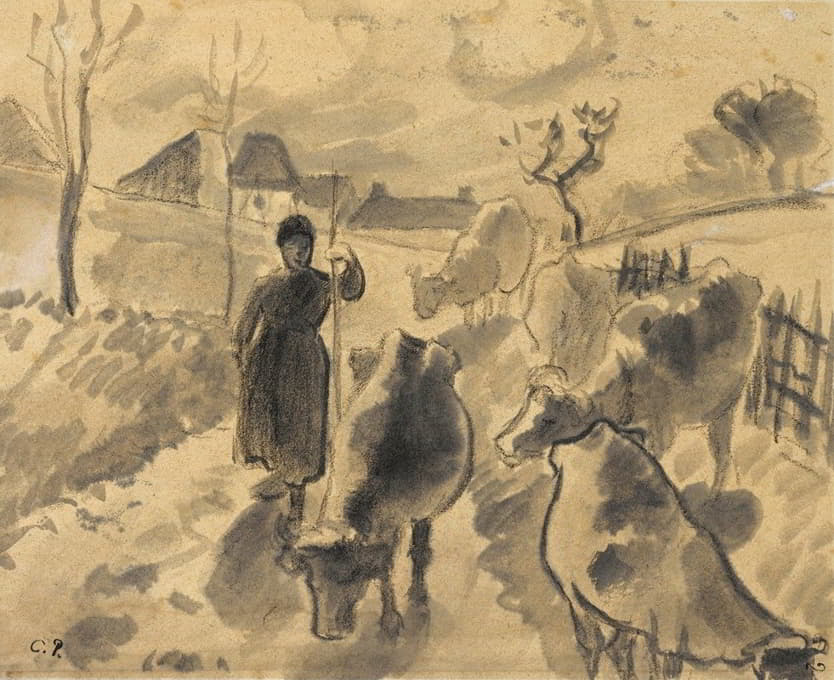 一个女孩牵着一群牛沿着一条路走