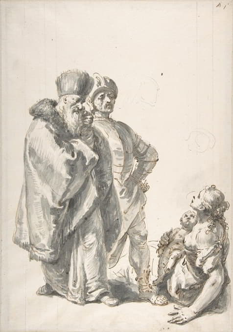 两个站着的男人和一个带着孩子的坐着的女人