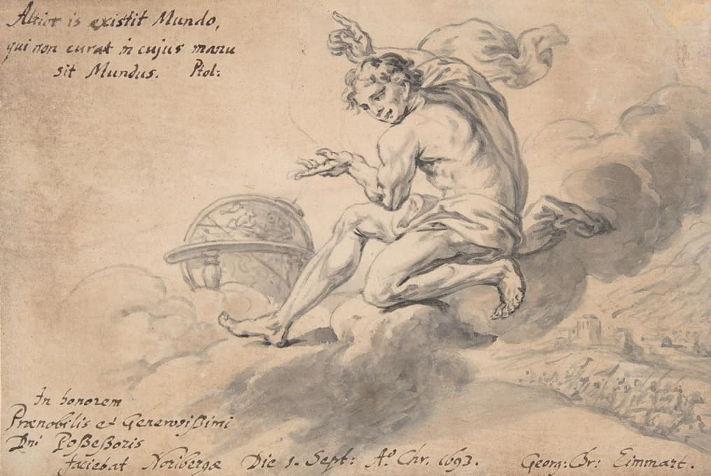 Georg Christoph Eimmart the Younger - Man Sitting on a Cloud Above a Battlefield, Pointing to a Globe