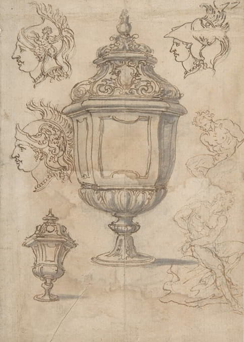 两个花瓶的草图和设计，三个经典头像和两个奴隶雕像的图纸