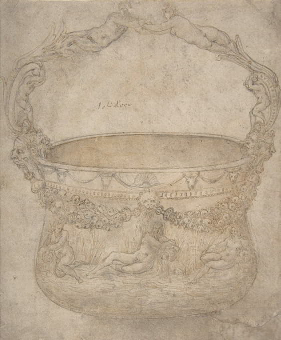 Girolamo Genga - Design for a Bucket-Like Vessel with a Handle of Interlaced Figures, on a Body Adorned with Bucrania, Garlands, and Three River Gods