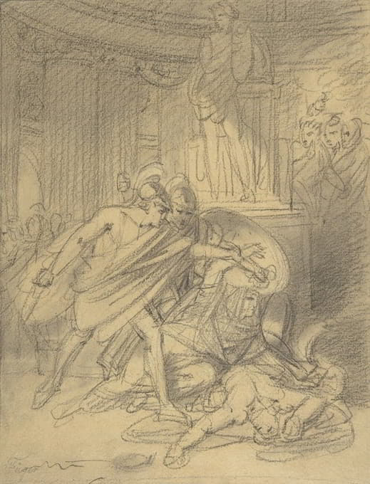两个穿着古典服装的战士俯身在两个人物身上