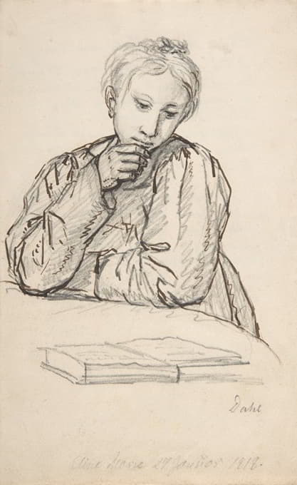 艾琳·玛丽·黑格尔小时候的画像，倚在桌子上，看着一本书