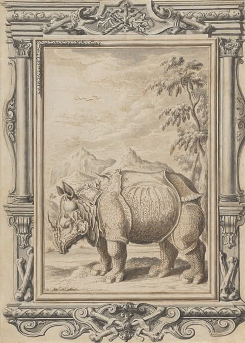 装饰框架内风景中的犀牛