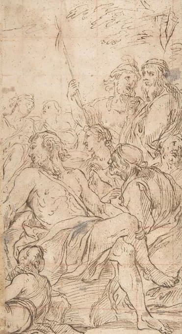 在一幅风景画中，一个半裸体躺着的男人被士兵和其他旁观者包围