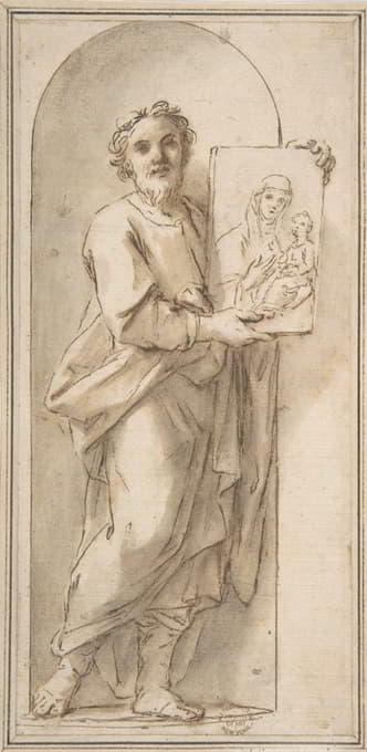 圣卢克手里拿着一幅圣母和孩子的画。