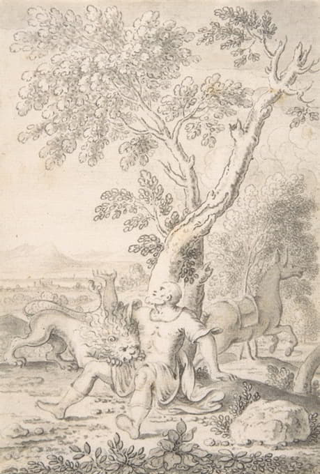 Mathais Füssli the Elder - A Man under a Tree Bitten by a Lion while his Horse Escapes