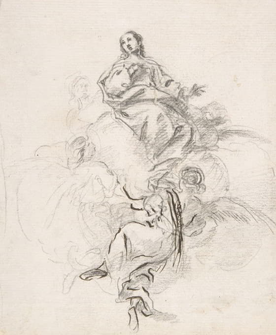 圣母玛利亚坐在云端，由四位天使支撑