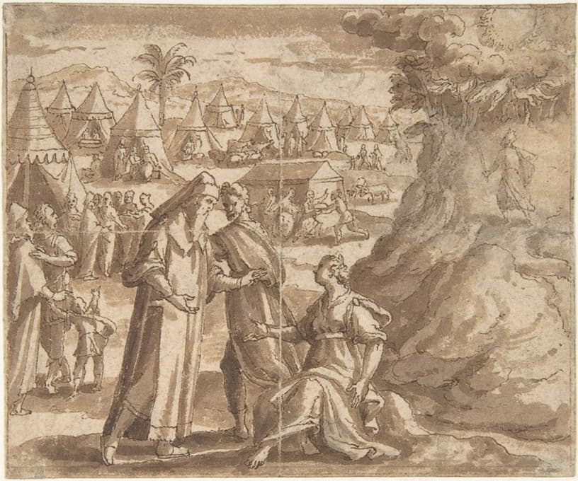 Adam van Noort - Aaron and Nadab Taking Leave of Elisheba, with the Israelites Camped before Mount Sinai and Moses Ascending the Mountain.