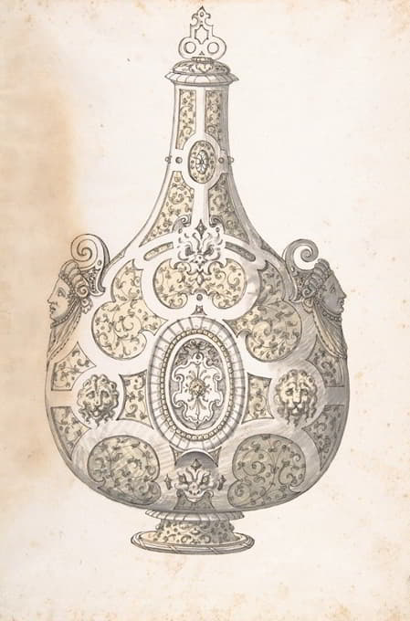 设计一个镀银的烧瓶，上面装饰着条纹、面具和装饰物