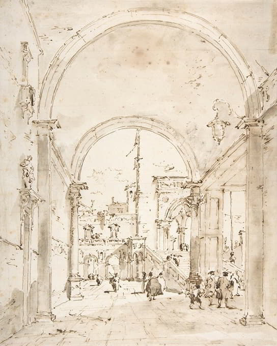 Francesco Guardi - Architectural Capriccio; Grand Staircase Seen through an Archway