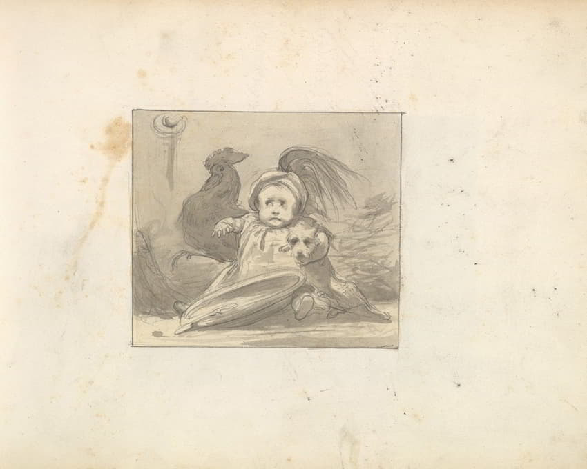 一个穿着16世纪衣服的婴儿，带着一只公鸡和一只狗
