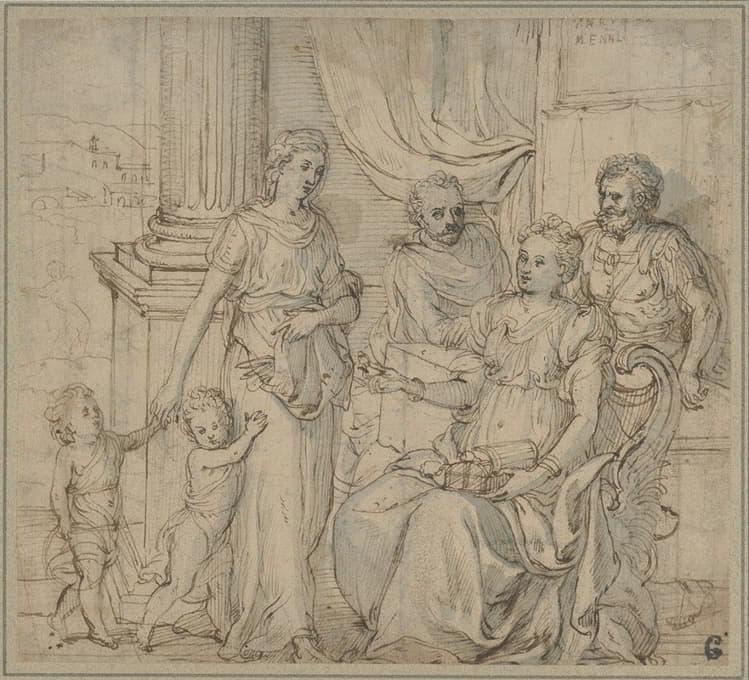 Gillis Mostaert - Cornelia, Mother of the Gracchi, Pointing to her Children as her Most Precious Ornaments