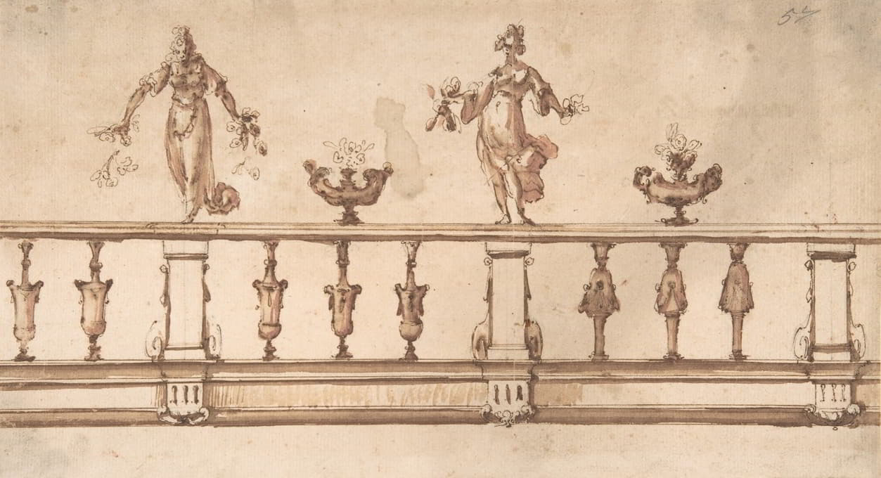 Giulio Parigi - Design for a Balustrade with Female Figures and Urns