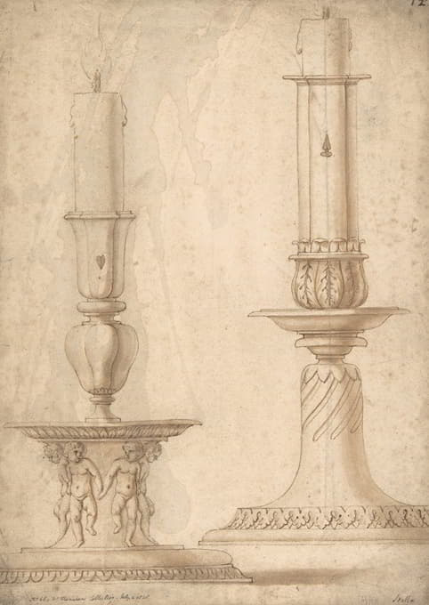 两个带装饰底座的烛台的设计