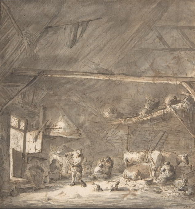 Isaac van Ostade - Barn Interior with Peasants and Cows