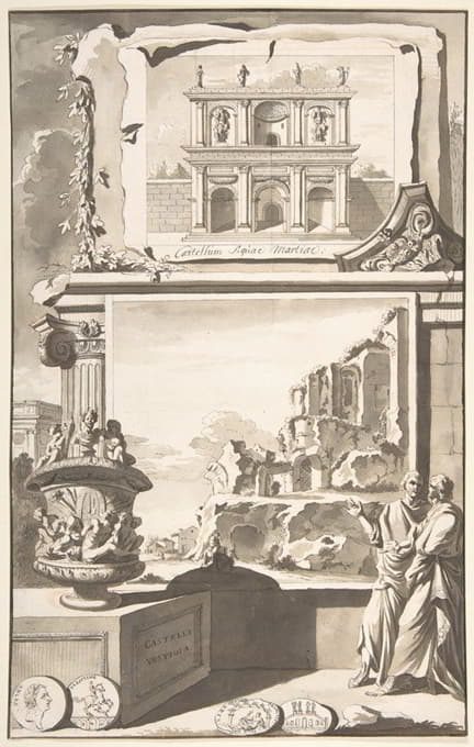玛蒂埃城堡（Castellum Aquiae Martiae）的重建图（上图）和废墟视图（下图）