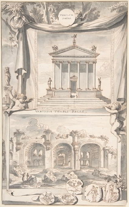 帕蒂斯圣殿的重建图（上图）和废墟视图（下图）