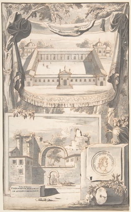 尼禄温泉的重建图（上图）和废墟视图（下图）