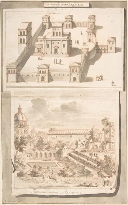 诺维蒂安温泉的重建图（上图）和废墟视图（下图）