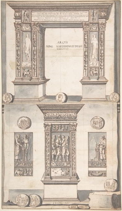 Septimius Severus拱门，正面视图（上方）和侧面视图（下方）