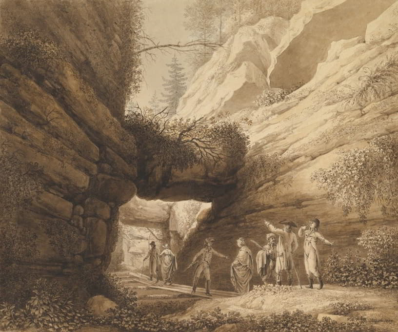 游客们在易北河石灰岩山脉的岩石拱门处