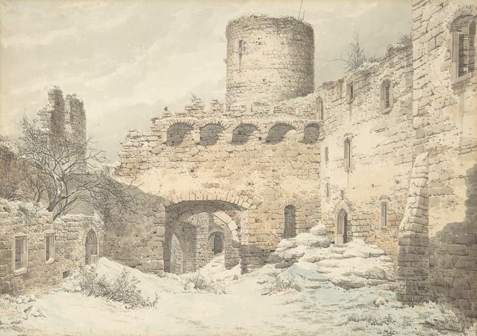 废墟中中世纪城堡庭院的冬季视图