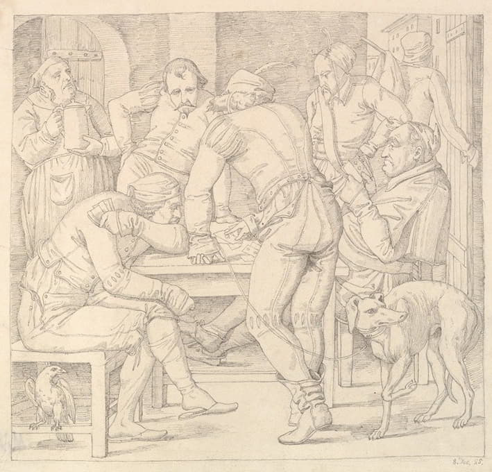 五个穿着德国文艺复兴时期服装的男人坐在一张桌子旁，在一家客栈里打牌
