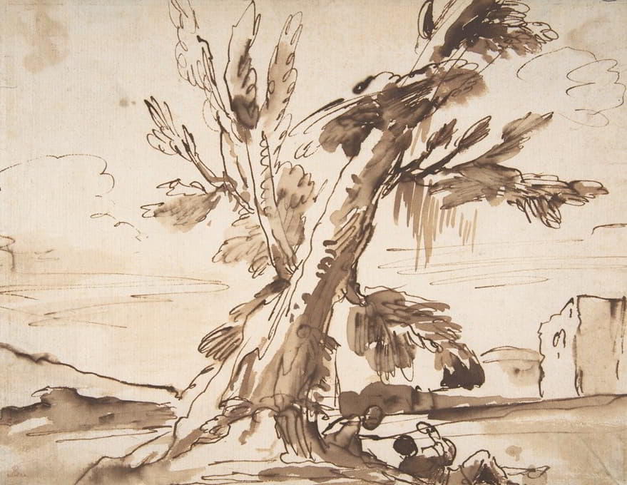 Pier Francesco Mola - Landscape with Two Men Under a Tree.
