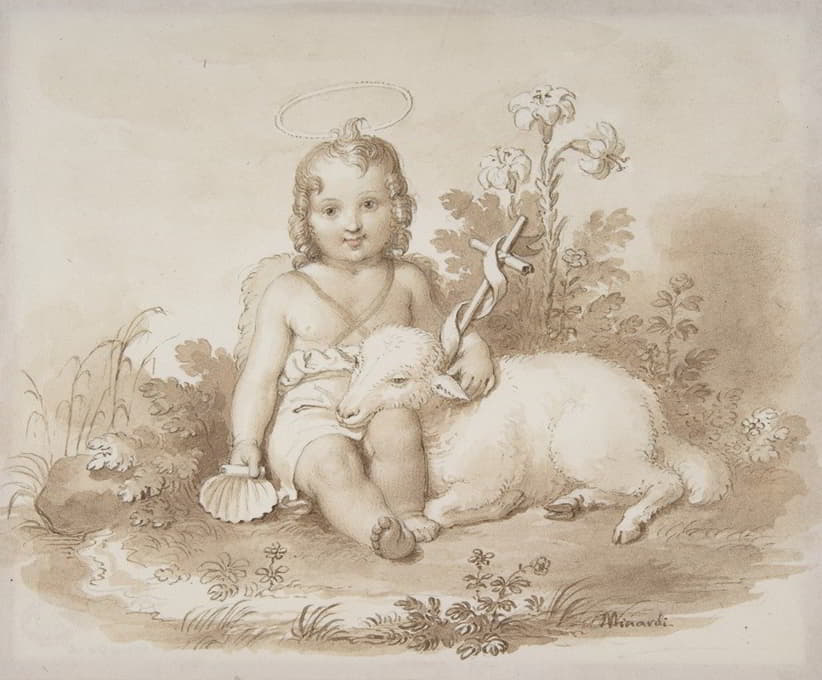 施洗约翰和一只羔羊坐在风景中
