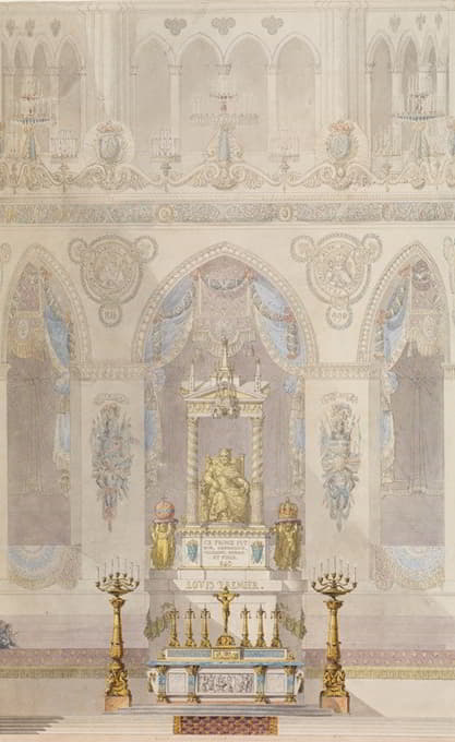 兰斯大教堂的内部立面图，包括国王路易一世的雕像和前面的祭坛