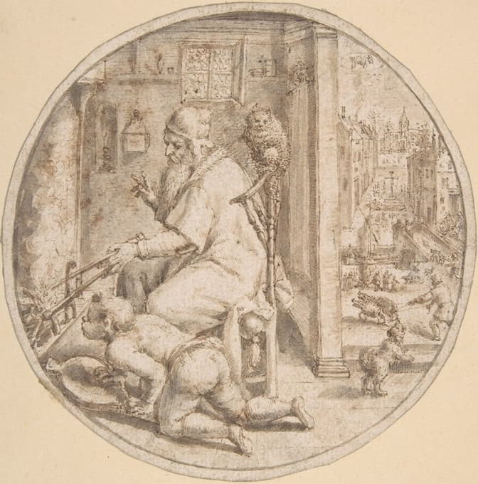 Crispijn de Passe the Elder - December; And Old Man Seated by a Hearth with a Young Man Blowing on the Fire