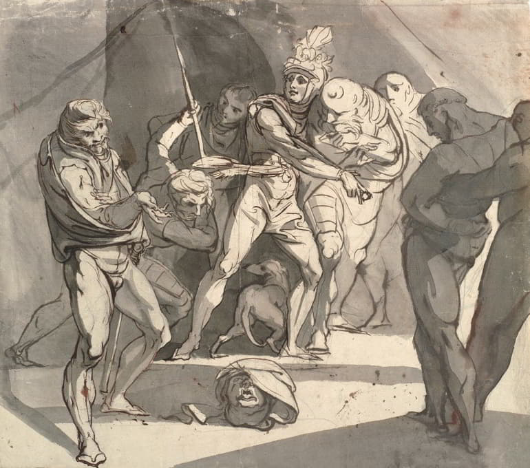 理查德·金雀花将萨默塞特公爵的断头扔在他父亲的脚下。莎士比亚亨利六世插图，第三部分，第一幕，第20行