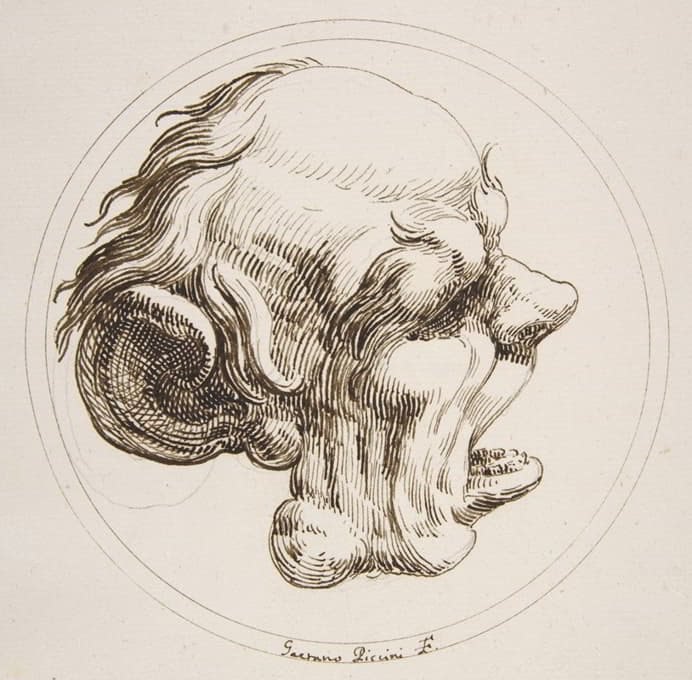 Gaetano Piccini - Grotesque Head With a Large Ear and an Open Mouth Looking to the Right Within a Circle