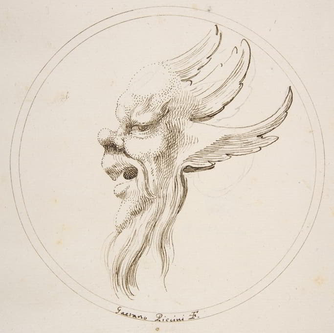 Gaetano Piccini - Grotesque Winged and Bearded Head Looking to the Left within a Circle