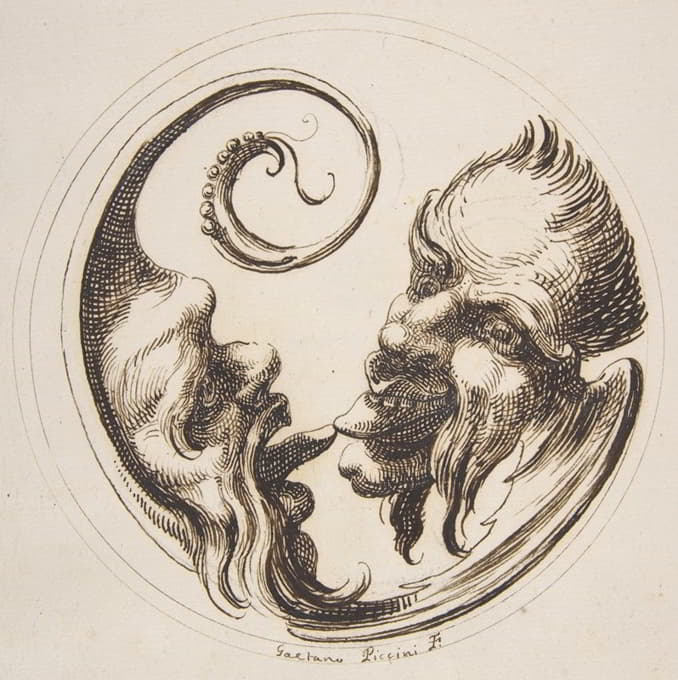 Gaetano Piccini - Two Grotesque Heads Facing One Another and Touching Tongues Within a Circle