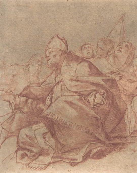 Mattia Preti - Seated Bishop with Arms Extended and Three Attendant Figures