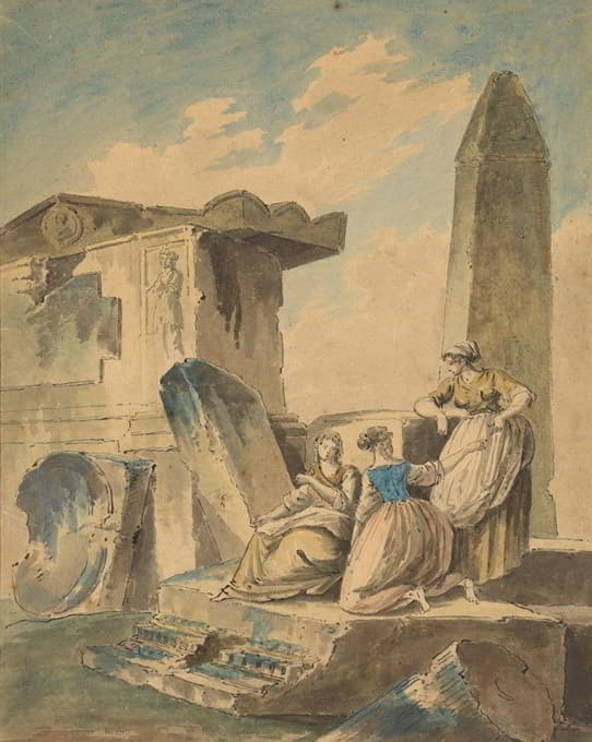 After Hubert Robert - Three Young Girls by Ruins