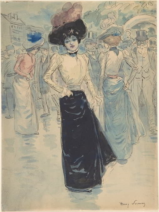 Henri Somm - A Parisienne on a Crowded Street