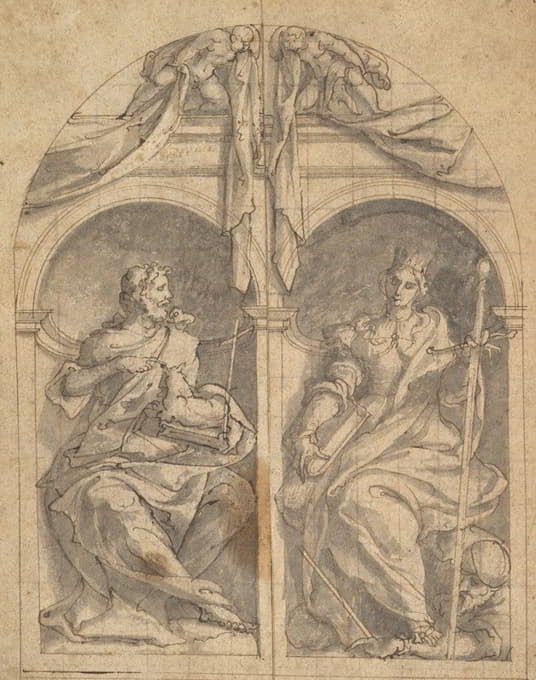 祭坛画的两翼，描绘圣徒施洗约翰和凯瑟琳在天使覆盖的壁龛中