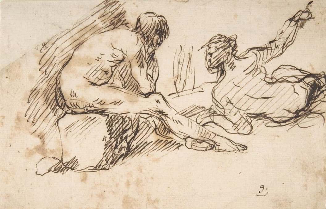 两个裸体男性雕像，一个坐着，一个躺着1609-1675