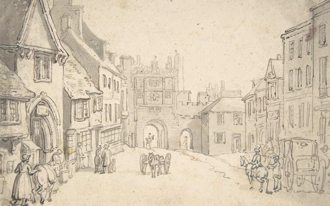 Thomas Rowlandson - City View with Medieval Gate (perhaps York)