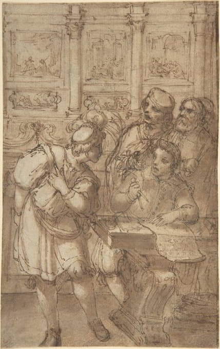 Agostino Tassi - Architect in His Study Holding a Compass and Conversing with Three Men