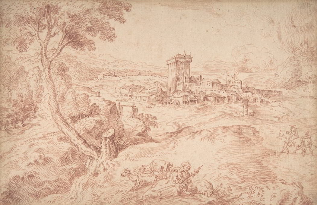 多梅尼科·坎帕尼奥拉（Domenico Campagnola）之后，一位老妇人手持纺锤的风景