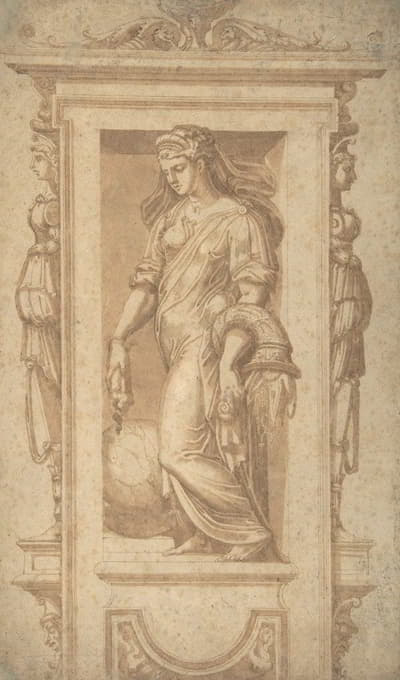 贝尼尼塔斯（善良）的女性寓言形象，具有丰富的属性，站在壁龛中