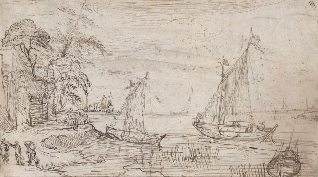 Cornelis Claesz. van Wieringen - Riverscape with Two Sailboats and Several Figures