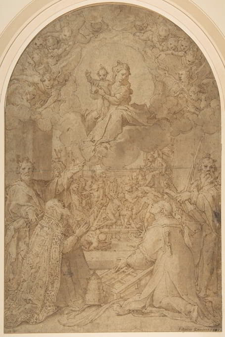 圣彼得、圣达马苏、圣劳伦斯和圣保罗面前的圣母和圣婴；背景中的圣劳伦斯殉难