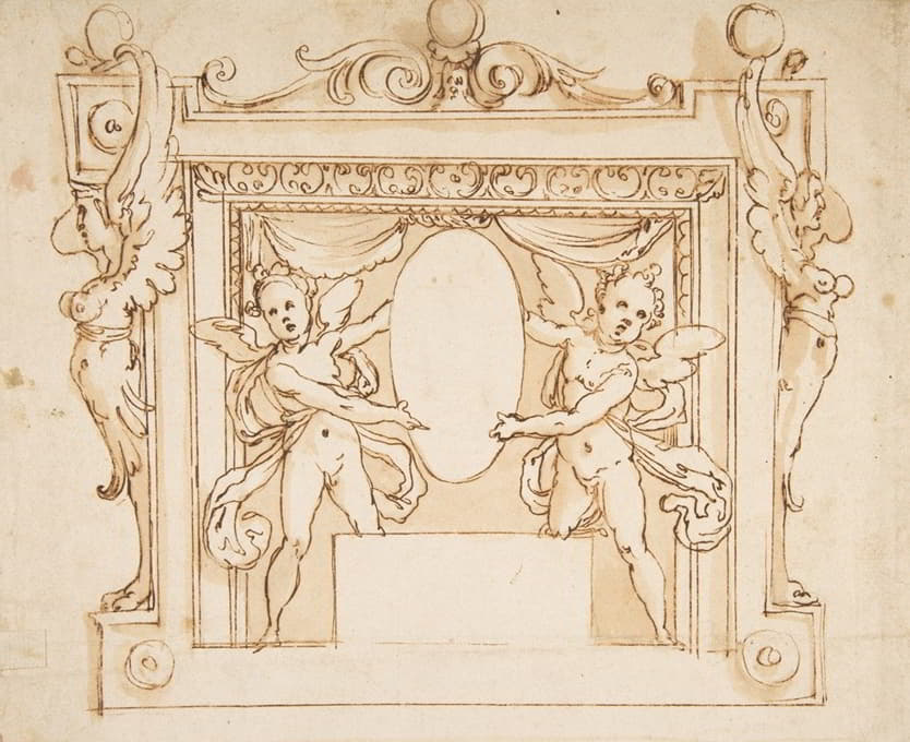 Follower of Federico Zuccaro - Drawing for a Memorial Tablet; Two Winged Children Holding an Empty Oval in a Frame with Gryphons