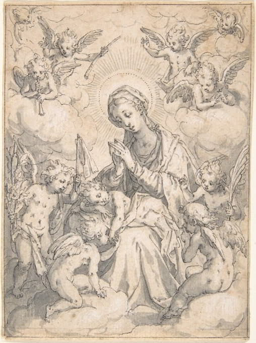 圣母和孩子被云中的小天使包围着