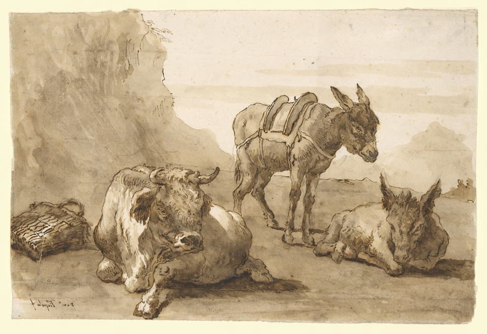 一头躺在地上的公牛和两只驴子